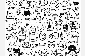 Simple wallpaper of dogs and cats. Vector linear seamless pattern. For postcard covers, etc