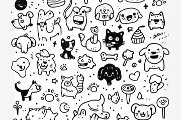 Fototapeta premium Simple wallpaper of dogs and cats. Vector linear seamless pattern. For postcard covers, etc