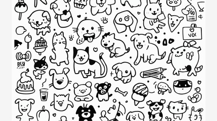 Fototapeta premium Simple wallpaper of dogs and cats. Vector linear seamless pattern. For postcard covers, etc