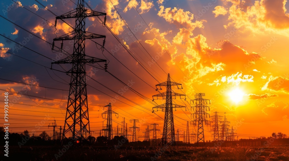 Aufkleber sunset behind a row of power line towers, casting long shadows and creating a dramatic silhouette ag