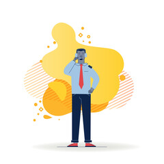 Pilot of aircraft using headset. Man wearing airlines uniform flat vector illustration. Aviation, job, occupation concept for banner, website design or landing web page