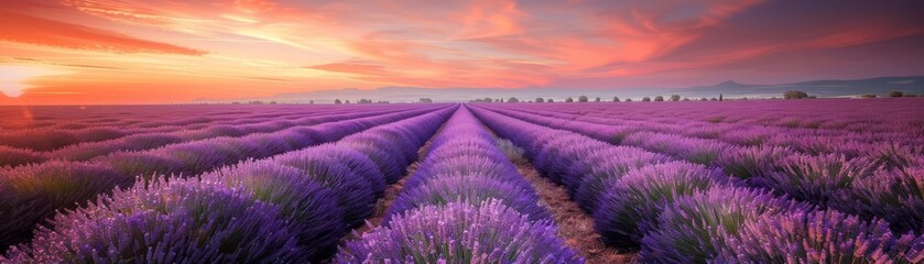 An endless lavender field under a pastel sunset, rows of purple stretching to the horizon, creating a dreamy and aromatic summer setting