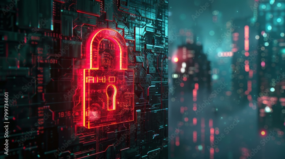 Poster cgi artwork of a padlock in binary code, cryptic circuitry design, evoking the aesthetics of digital