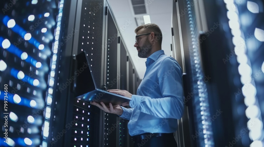 Poster caucasian it professional admin using laptop computer doing data transfer operation with rack server
