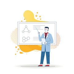 Professor explaining medical research result. Man in white coat presenting molecule structure flat vector illustration. Presentation, education concept for banner, website design or landing web page