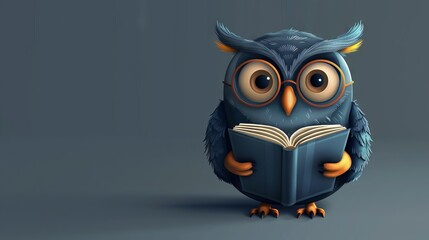 A cartoon owl with glasses is reading a book. The owl is blue and the background is grey.