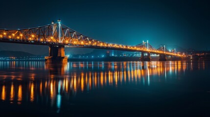 Obraz premium The iconic bridge spanning the river, illuminated by shimmering lights reflected in the tranquil waters below, a symbol of connectivity.