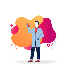 Scientist holding chemical flask. Lab assistant wearing white coat, man, chemist flat vector illustration. Medicine, laboratory, test concept for banner, website design or landing web page