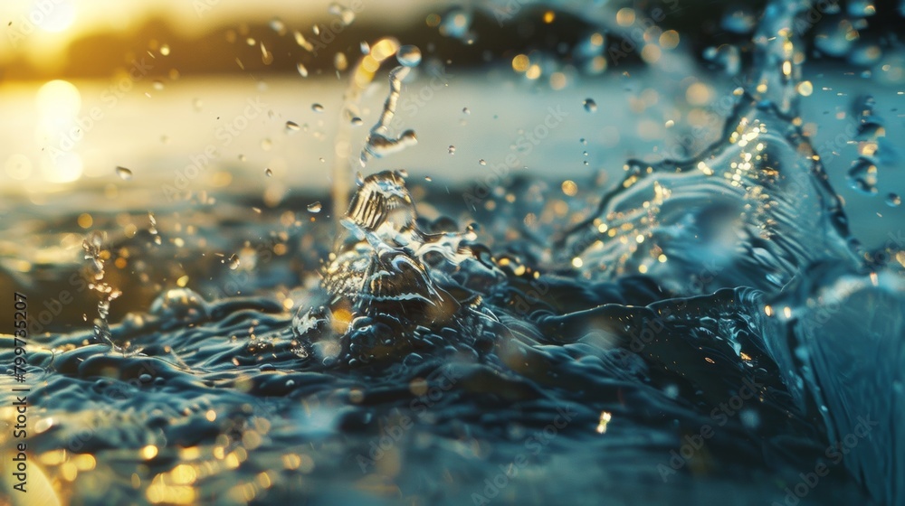 Poster a detailed view of water splashing on a surface, creating dynamic patterns and textures. the droplet
