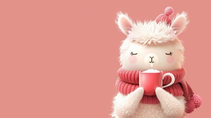 Fototapeta premium A cute cartoon alpaca wearing a red and white striped scarf and a pink hat with a white pom pom is holding a red mug on a pink background.
