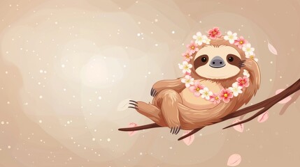 Fototapeta premium A cute cartoon sloth wearing a flower necklace hanging from a branch.