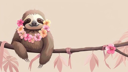Fototapeta premium A cute cartoon sloth wearing a flower lei is hanging from a branch.