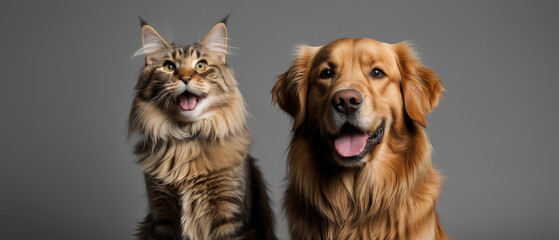 Happy panting Golden retriever dog and blue Maine Coon cat looking at camera, Isolated on grey