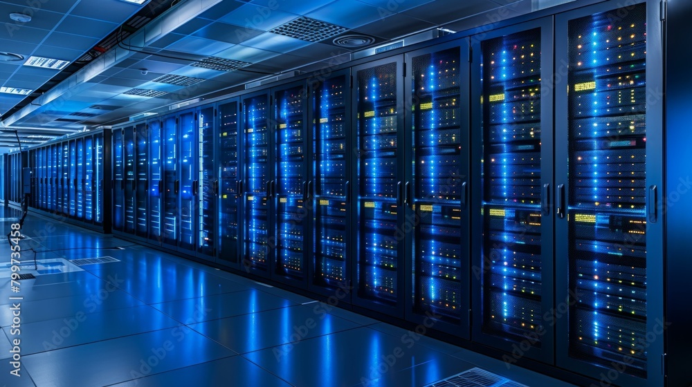 Poster color photo of a data center with large computer racks, ai generative