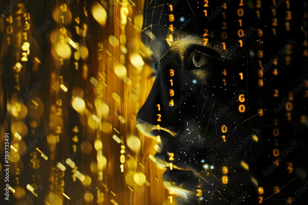Poster digital abstract background with falling glowing yellow numbers and face without gender. concept abs