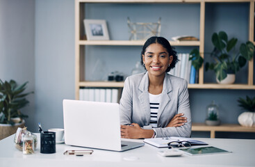 Office, smile and portrait of businesswoman at laptop for research, business review or online...