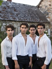 A quartet of young men with an air of camaraderie stand confidently together outdoors in coordinating white shirts