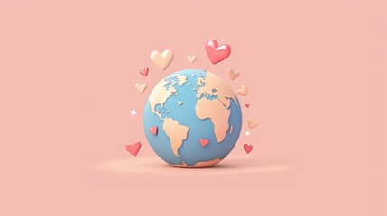 A pink background with a cartoon Earth in the center and pink hearts floating around it.