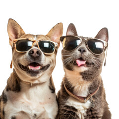 Dog and cat wearing sunglasses and thump up, full body on transparency background PNG
