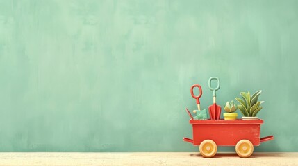 A red wagon with gardening tools and a potted plant on a wooden table against a solid green background.
