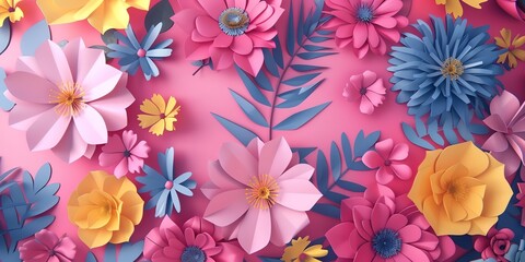 HD, 16k, empty space in center area, beautiful retro modern trendy Paper cut flowers bold and big 3D, minimalis element, background aspect ratio 2:1