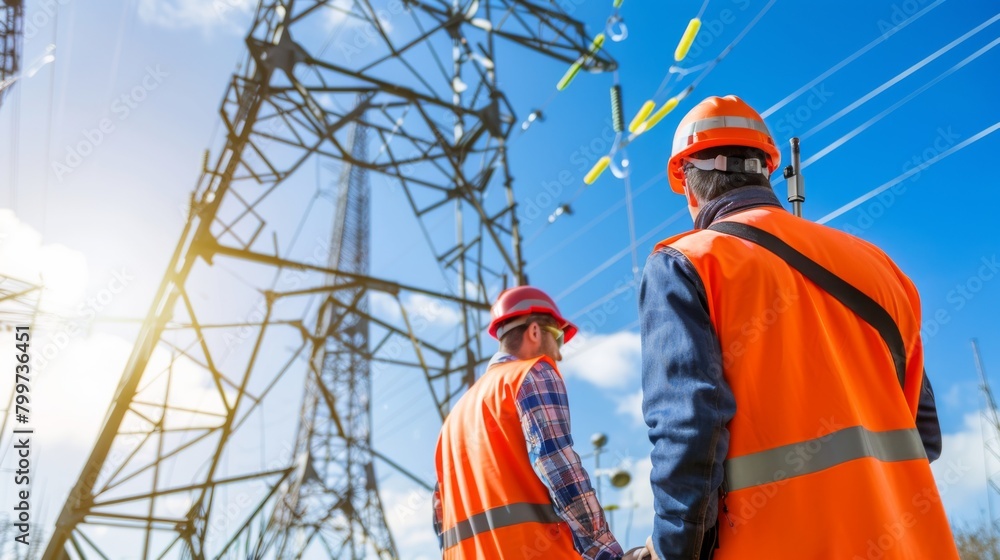 Poster workers inspecting power line towers with safety gear, ensuring the reliability and safety of electr