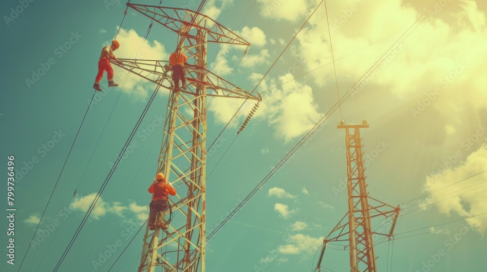 Poster workers inspecting power line towers with safety gear, ensuring the reliability and safety of electr