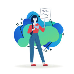 Woman holding megaphone. Protest activist showing placard flat vector illustration. Conflict, movement, campaign concept for banner, website design or landing web page