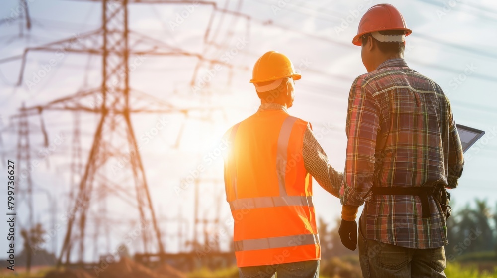 Poster workers inspecting power line towers with safety gear, ensuring the reliability and safety of electr