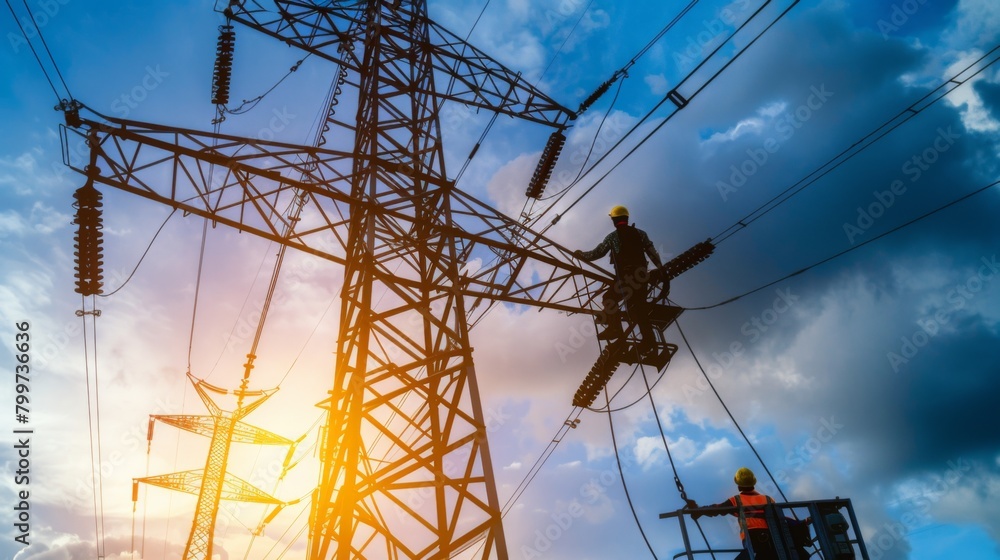 Poster Workers installing power lines on a tower with a crane, demonstrating the ongoing maintenance and expansion of electrical networks.