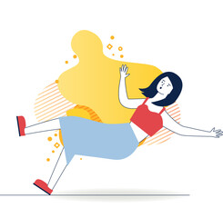Woman slipping on wet floor. Cartoon female character falling on ground flat vector illustration. Safety, caution, warning concept for banner, website design or landing web page