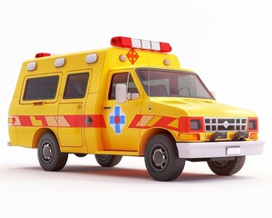 3D rendering of a yellow ambulance with red and white stripes.