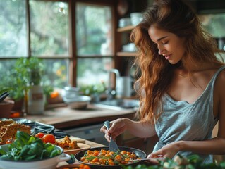A woman is deeply engaged in preparing a healthy, nutritious vegetarian meal in a home kitchen, emphasizing the importance of clean eating