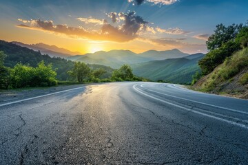 Asphalt road and mountain with sky clouds background at sunset - generative ai