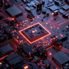 A close-up of a complex artificial intelligence microchip board emanates a powerful red glow, symbolizing advanced technology