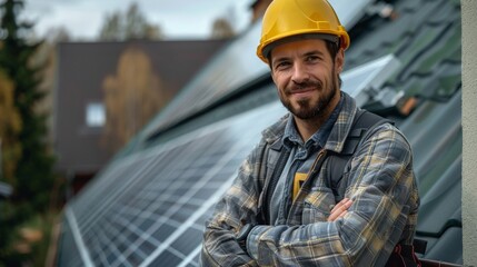 A male electrician smiling confidently in front of a solar panel array