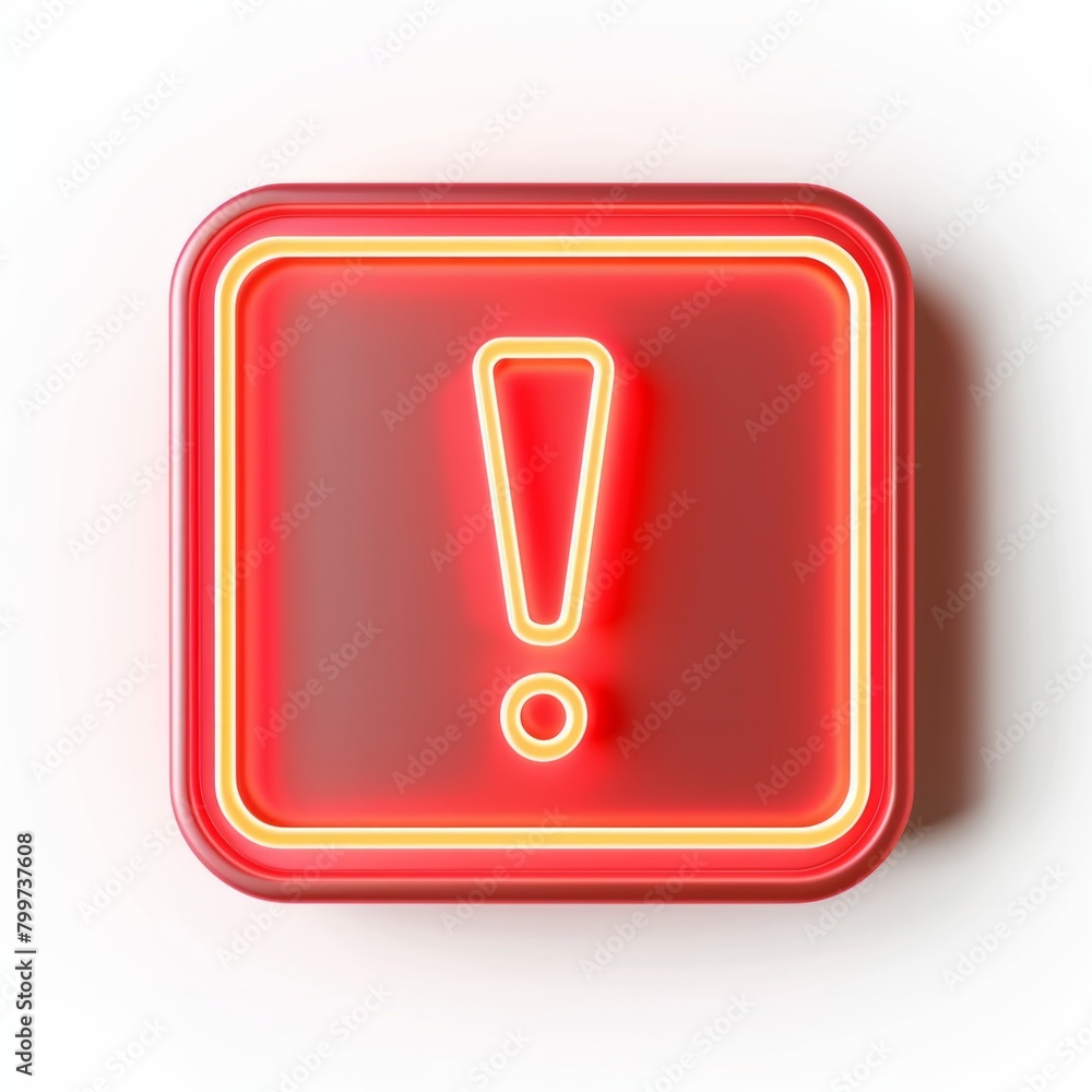 Poster design a 3d icon featuring a neon light exclamation mark within a red rounded square, illuminating a