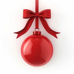 Design a 3D icon of a festive red paper round Christmas ball tag, hanging elegantly from a shiny red ribbon and bow, isolated on a white background, AI Generative
