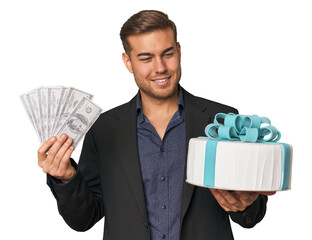 Young man with dollars and cake, merging finance with celebration
