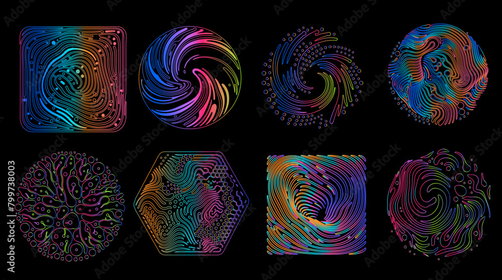 Aufkleber Set of linear retrofuturistic geometric shapes and forms with glitchy trippy pattern in neon holographic vibrant colors. 