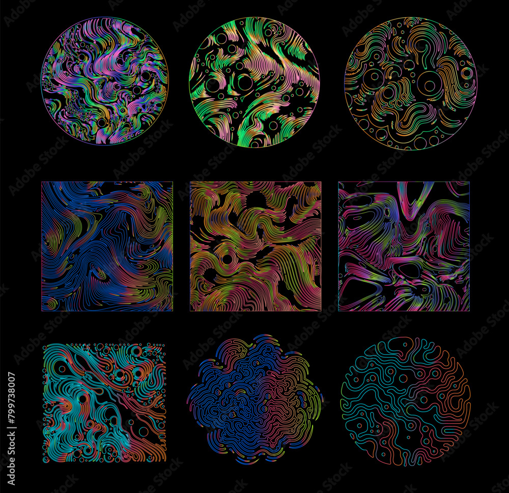 Poster Set of linear retrofuturistic geometric shapes and forms with glitchy trippy pattern in neon holographic vibrant colors. 