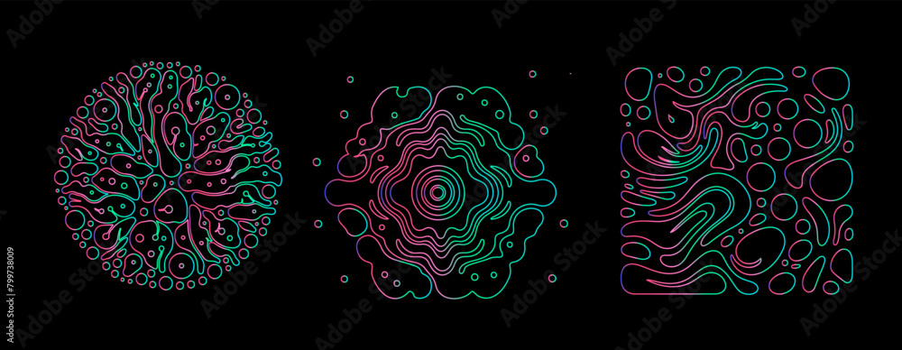 Poster Set of linear retrofuturistic geometric shapes and forms with glitchy trippy pattern in neon holographic vibrant colors. 