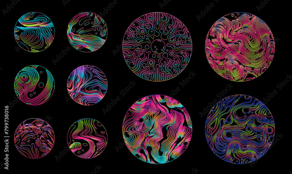 Poster Set of linear retrofuturistic geometric shapes and forms with glitchy trippy pattern in neon holographic vibrant colors. 