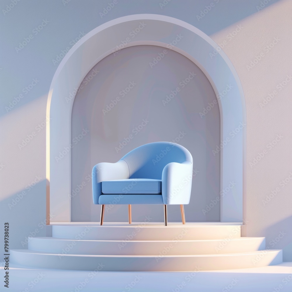 Poster design a 3d illustration that features a modern blue chair set against the backdrop of a simple yet 