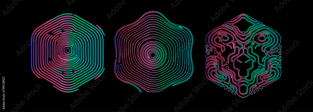 Poster Set of linear retrofuturistic geometric shapes and forms with glitchy trippy pattern in neon holographic vibrant colors. 