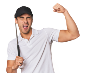 Young Hispanic man with golf club raising fist after a victory, winner concept.