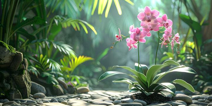  Tropical orchids thrive in lush rainforest habitat, showcasing vibrant colors and delicate petals. exotic flowers bloom rich foliage, dark stone forest breathtaking scene of natural beauty 
