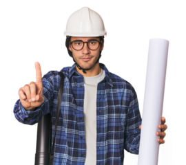 Young Hispanic architect with plans showing number one with finger.