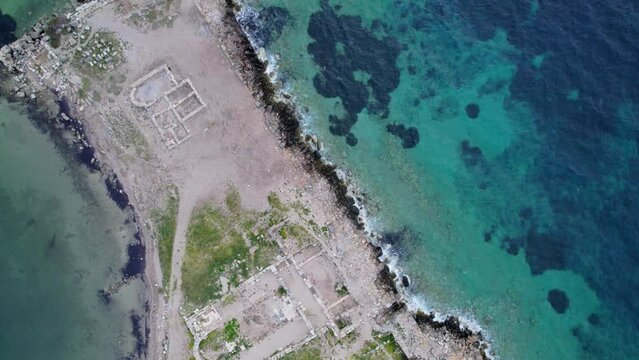 datca knidos ancient city aerial drone video blue sea cloudy sky
