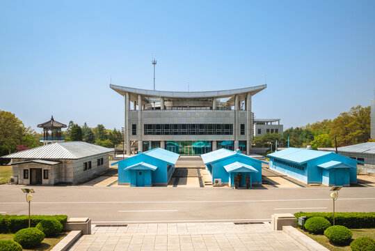 May 1, 2019: Freedom House of Conference Row in the Joint Security Area. it is a part of Korean Demilitarized Zone, a strip of land running across the Korean Peninsula near the 38th parallel north.